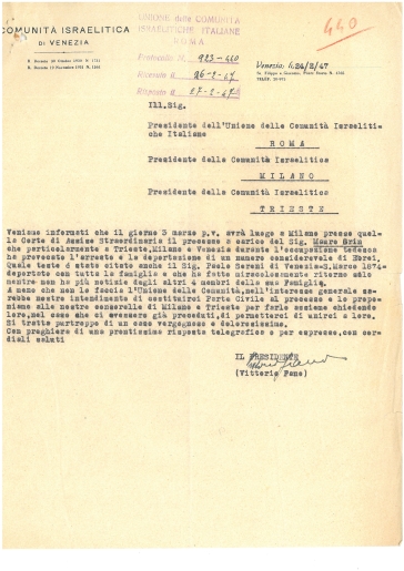 DELASEM. Lettera di V. Fano di Venezia per la costituzione della comunità a parte civile nel processo contro il criminale Mauro Grini: 24.2.1947